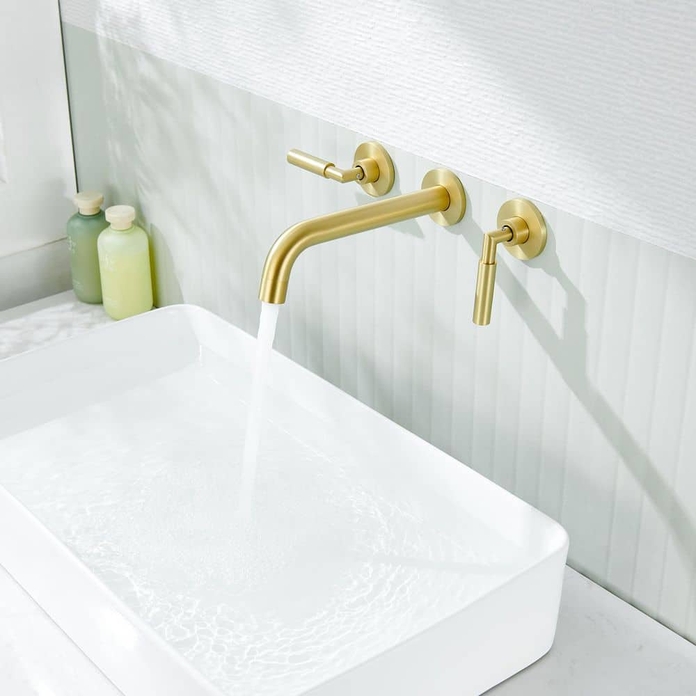 3-Hole 2-Handles Brass Wall-Mount Bathroom Faucet In Brushed Gold