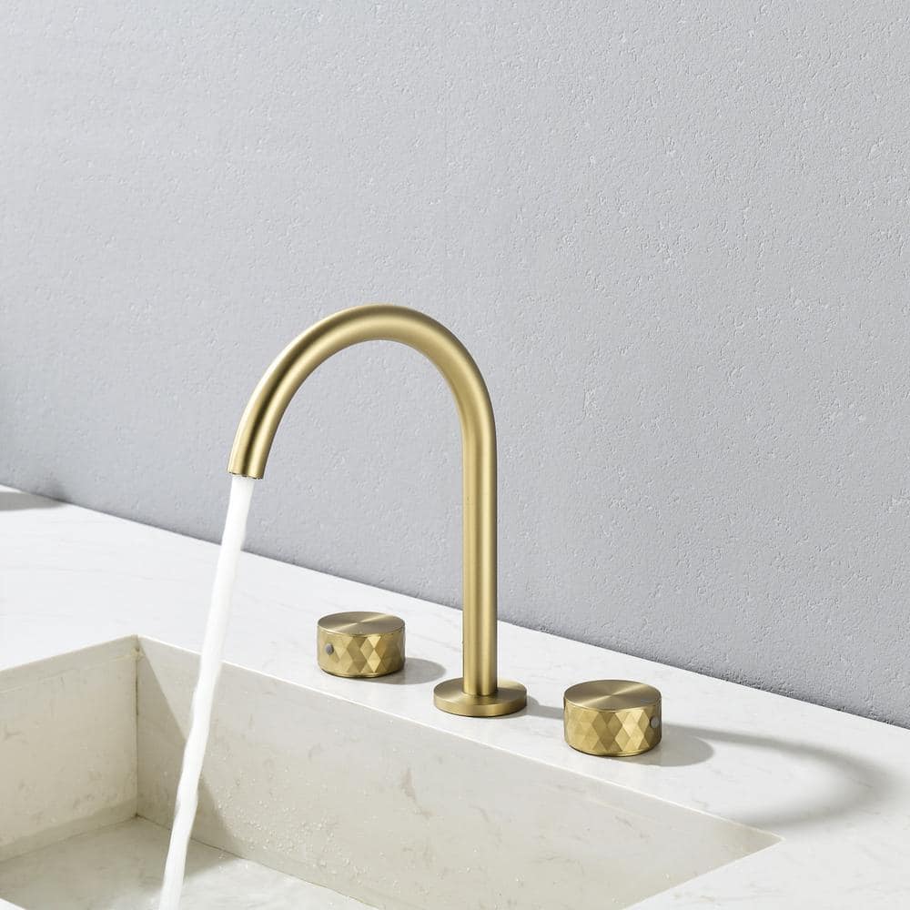 8 In. Widespread Bathroom Sink Faucet With 360-Degree Swivel Spout In Brushed Gold