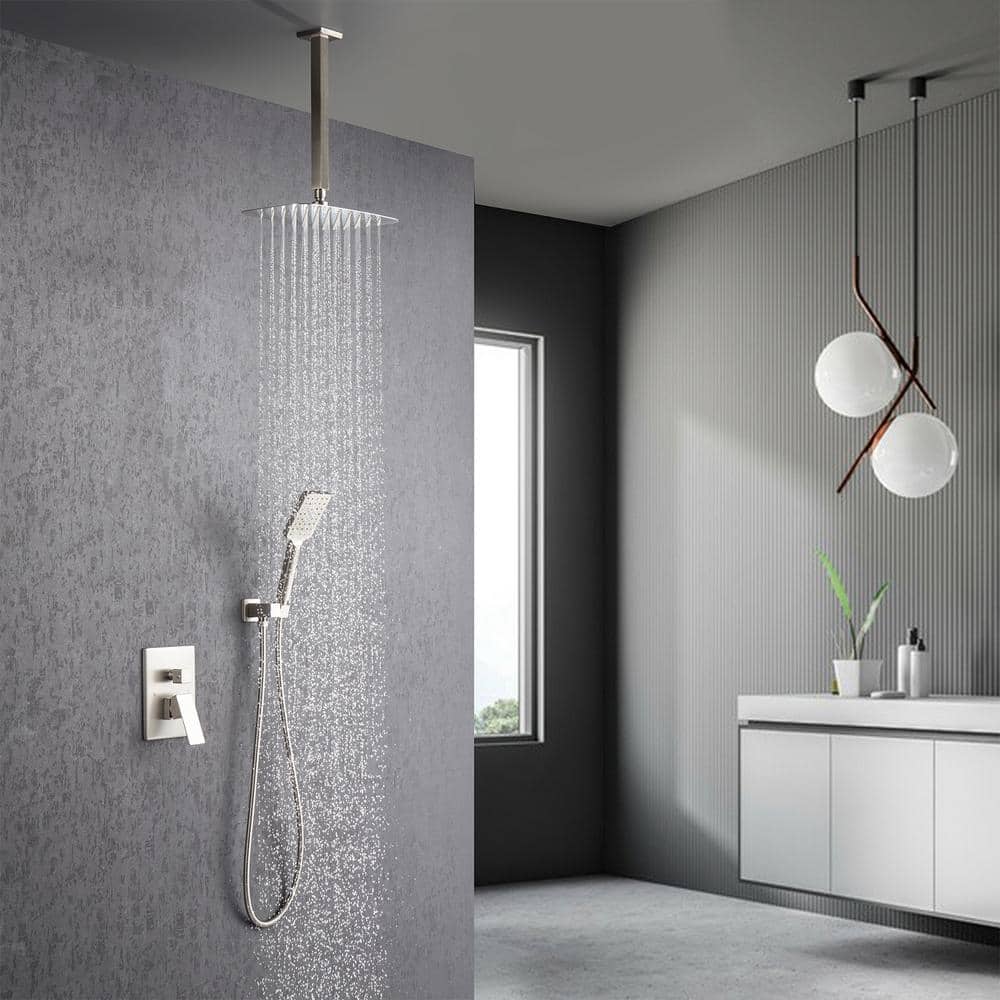 3-Spray Patterns With 2.5 GPM 12 In. Ceiling Mount Dual Shower Heads In Brushed Nickel