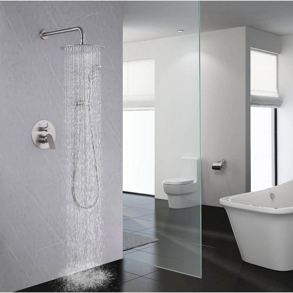 2-Spray Dual Shower Wall Mount Fixed And Handheld Shower Head Rainfall Shower System In Brushed Nickel