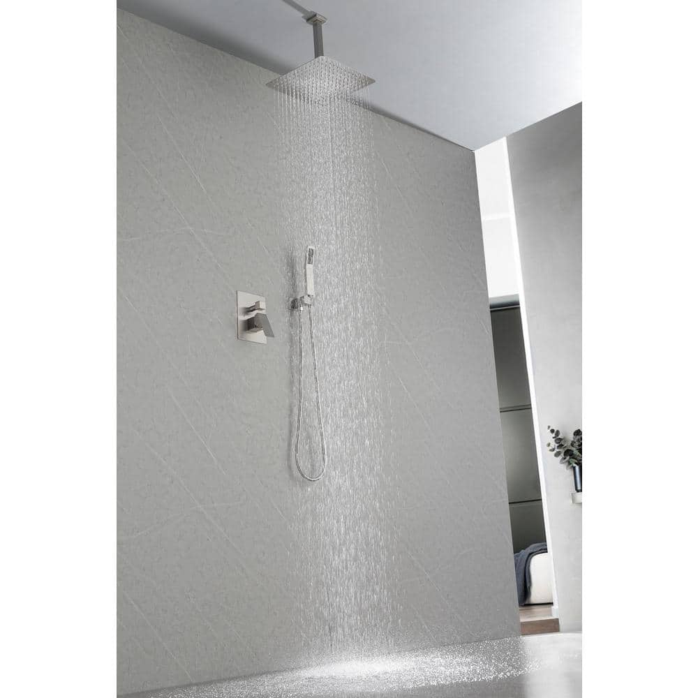 1-Spray Patterns With 2.5 GPM 12 In. Ceiling Mount Rain Fixed Shower Head In Brushed Nickel