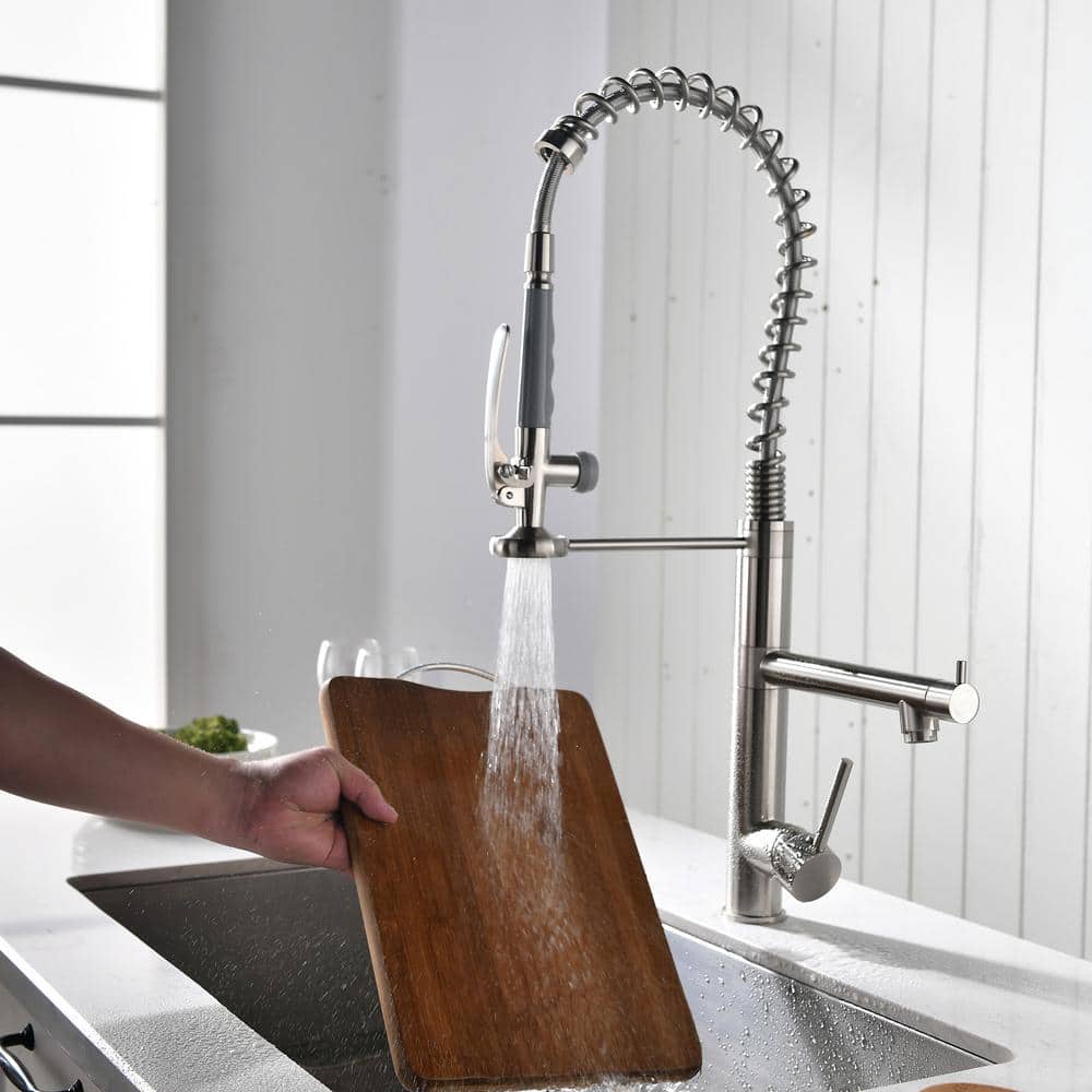 Double Handle Gooseneck Pull Down Sprayer Kitchen Faucet In Brushed Nickel
