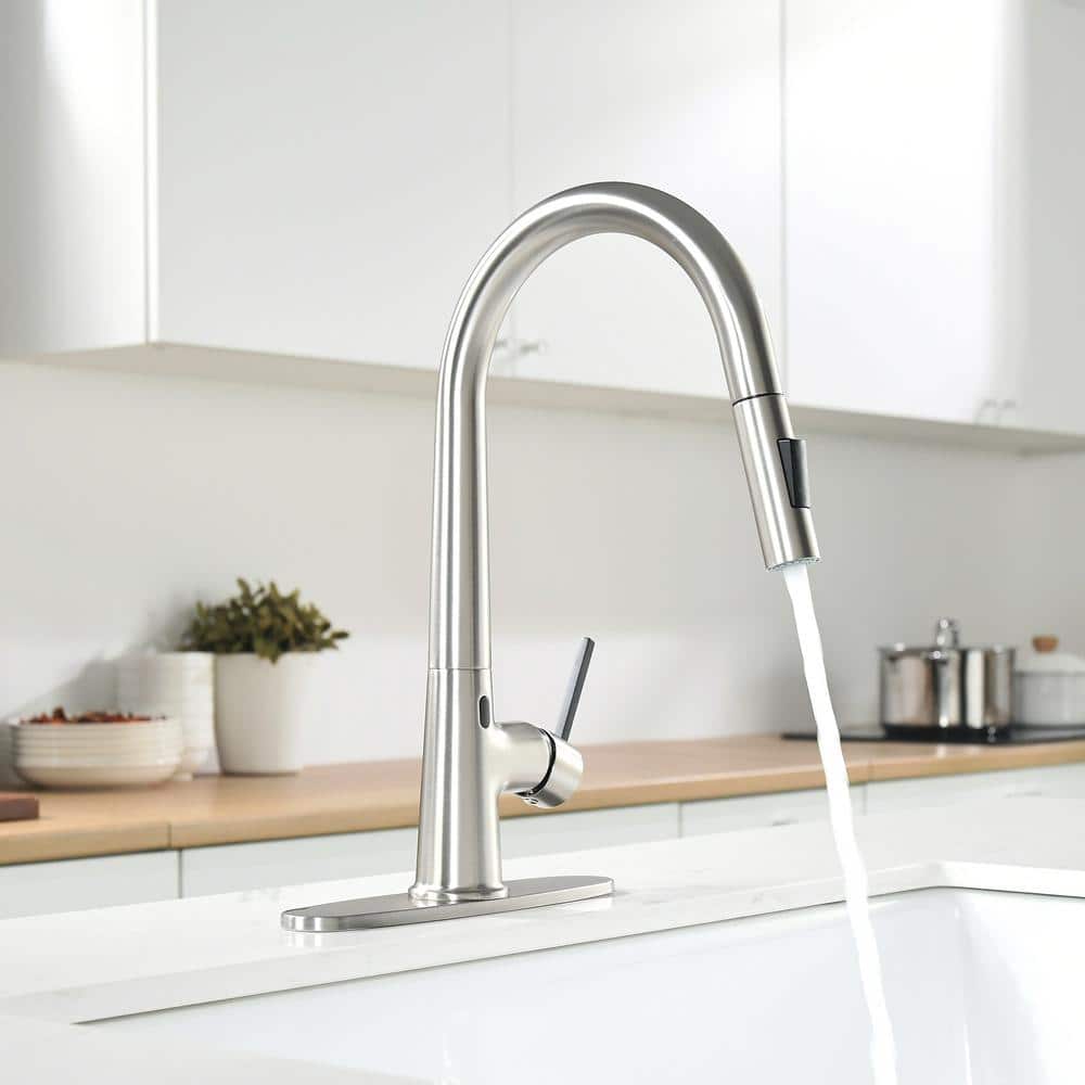 Single Handle Pull Down Sprayer Kitchen Faucet Touchless With Deck Plate In Brushed Nickel