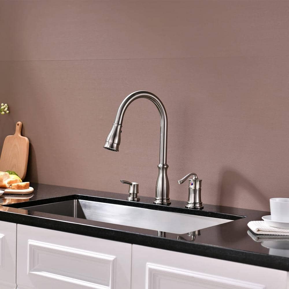 Single Handle 3 Hole Pull Out Sprayer Stainless Steel Brushed Nickel Kitchen Sink Faucet With Soap Dispenser