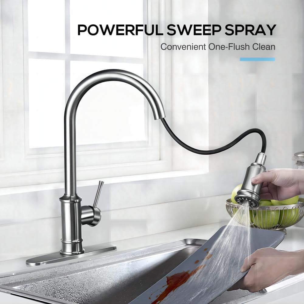Single-Handle 3 Ways Setting Gooseneck Pull Out Sprayer Kitchen Faucet With Deckplate Included In Brushed Nickel