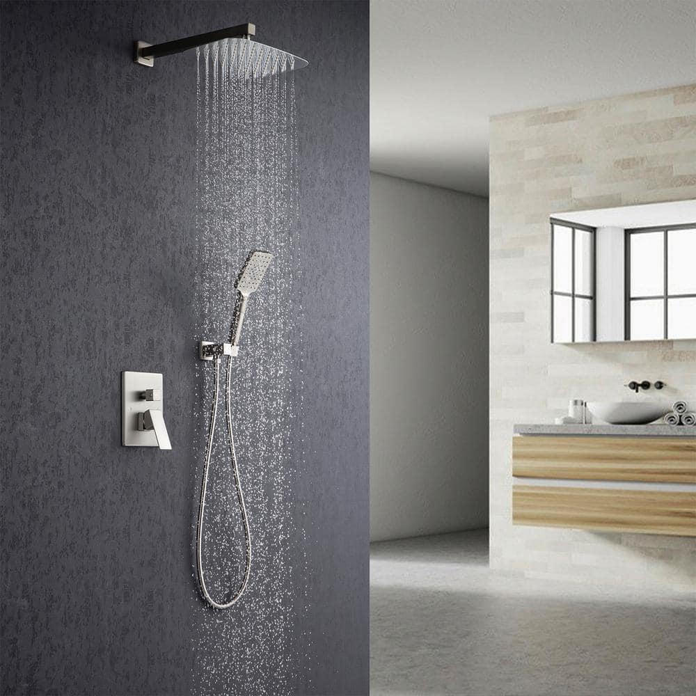 Rainfall 12 In. Square Shower Head Combo Set With Rough-in Valve Body And Trim Included In Brushed Nickel