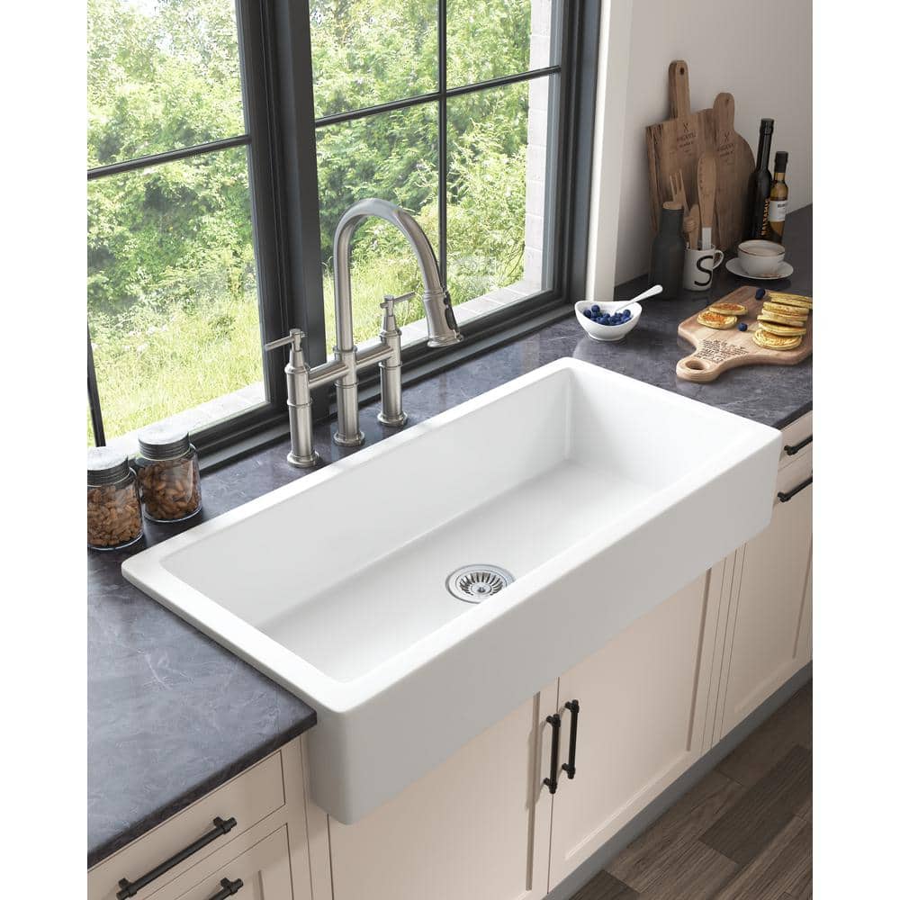 Single Handle Bridge Kitchen Faucet With Pull-Down Sprayhead In Spot In Brushed Nickel
