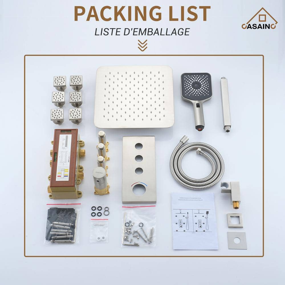 3-Spray 1.8 GPM 12 In. Ceiling Mount Dual Square Handheld Shower Set In Brushed Nickel