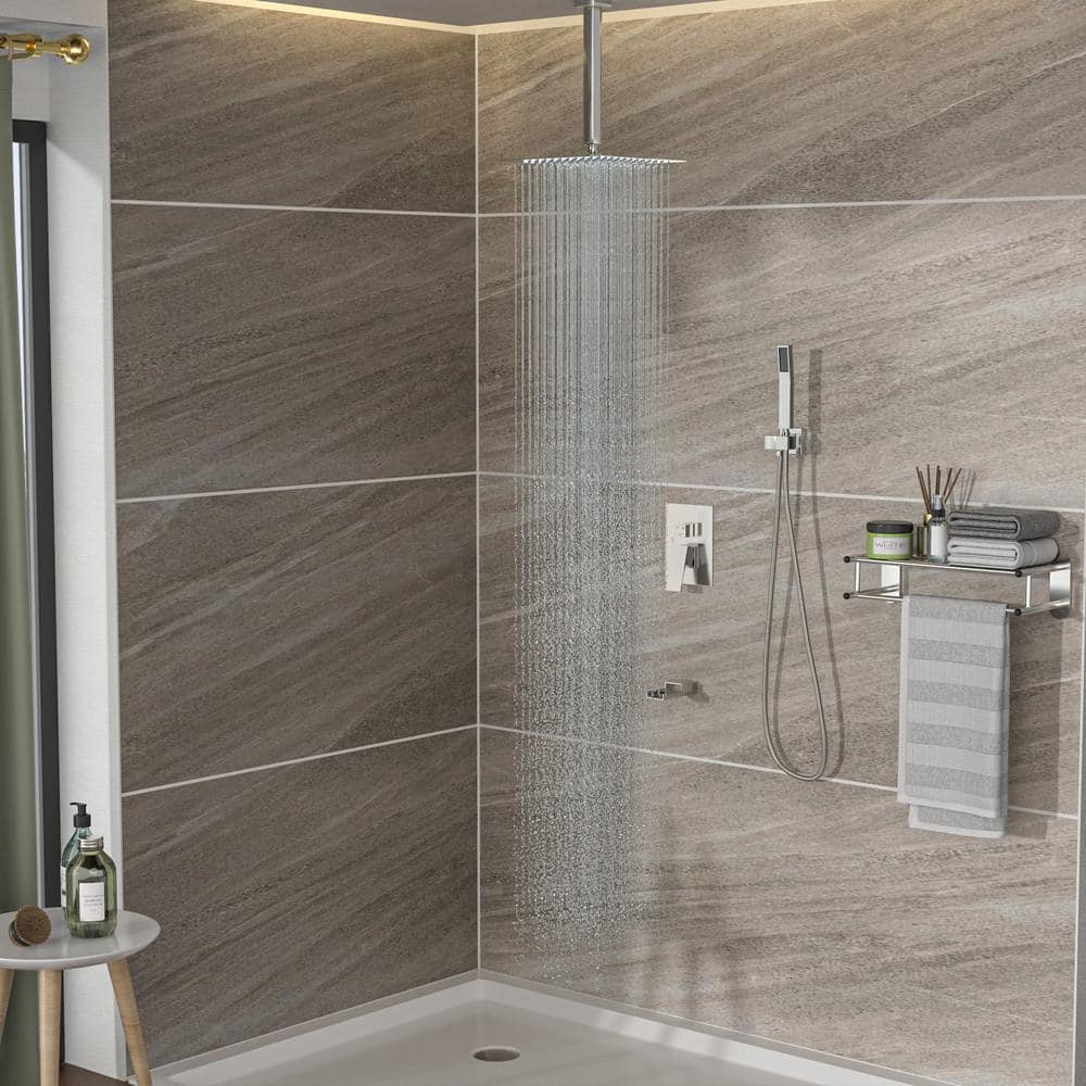 1-spray 16 In. Dual Shower Ceiling Mount Head And Handheld Shower Head 1.8 GPM In Brushed Nickel