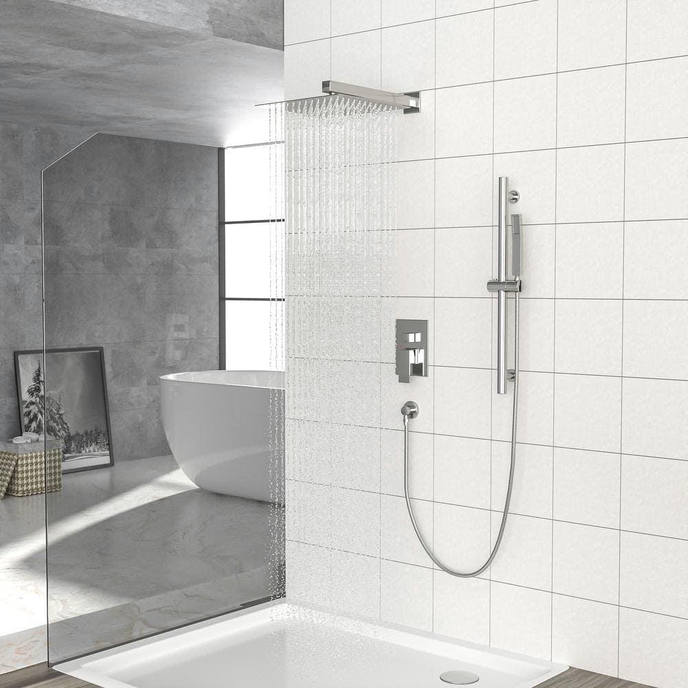 1-Spray 10 In. 1.8 GPM Dual Ceiling Mount Shower Head And Handheld Shower Head In Brushed Nickel