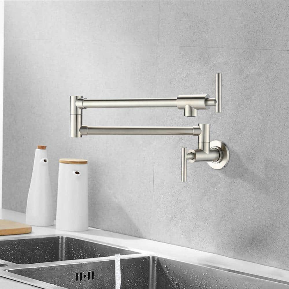 Double Handles Wall Mounted Pot Filler In Brushed Nickel