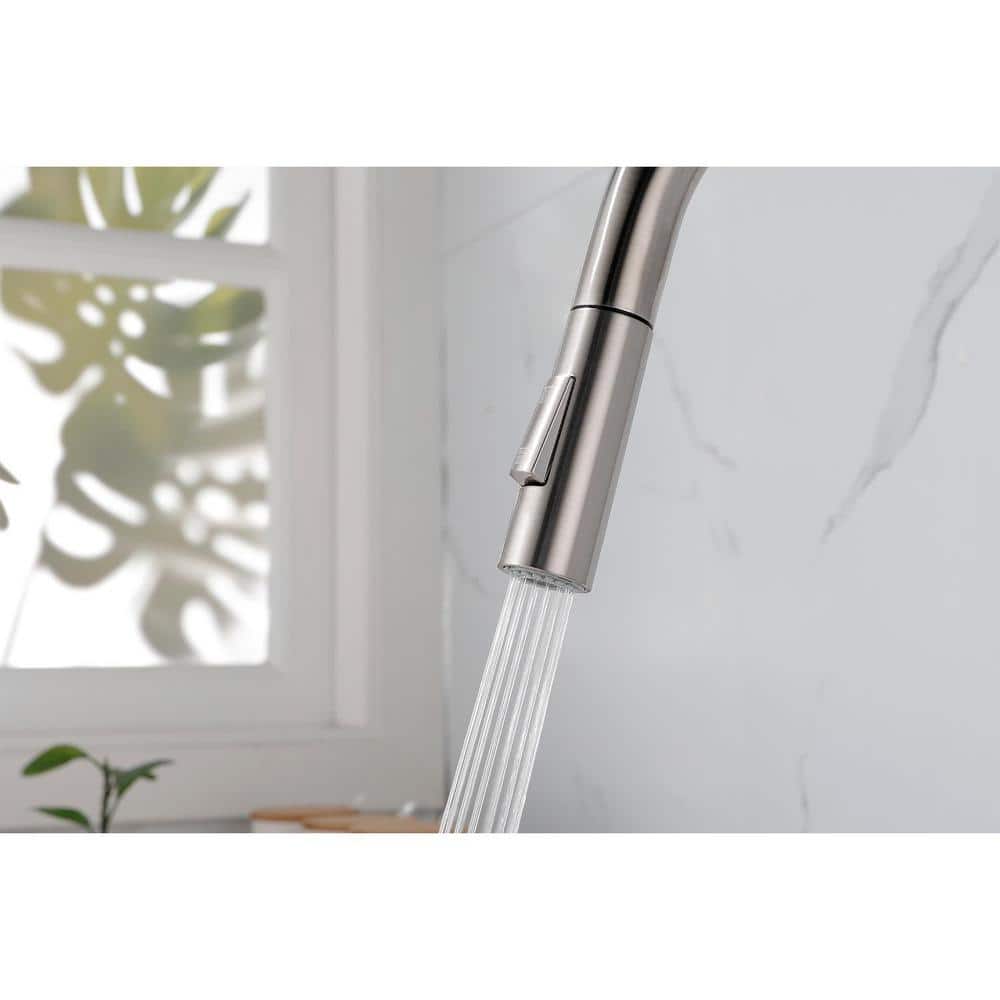 Deck Mount High-Arc Kitchen Faucet With Pull Down Sprayer In Brushed Nickel