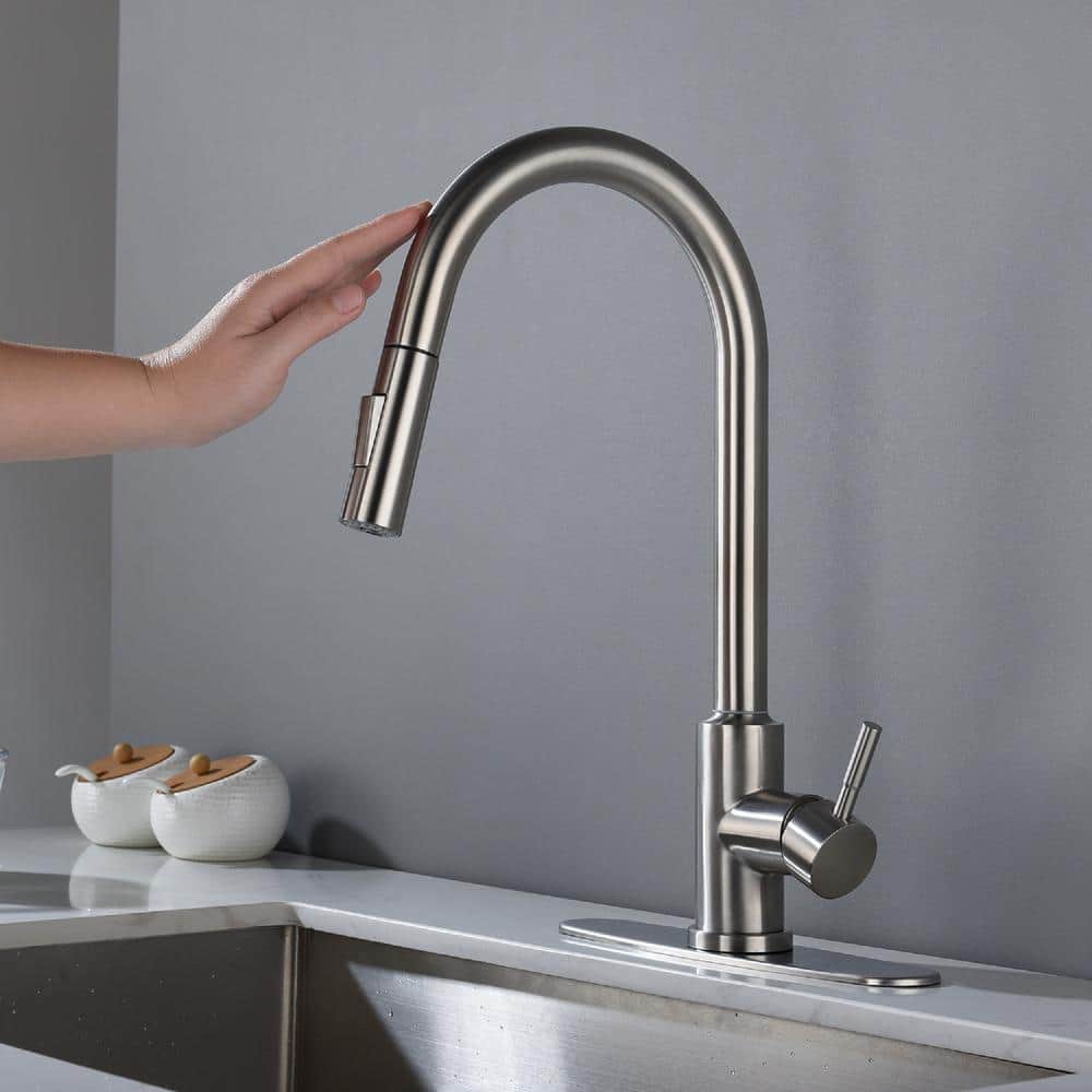 Single Handle Wall Mount Gooseneck Pull Down Sprayer Kitchen Faucet With Deckplate Included And Handle In Brushed Nickel