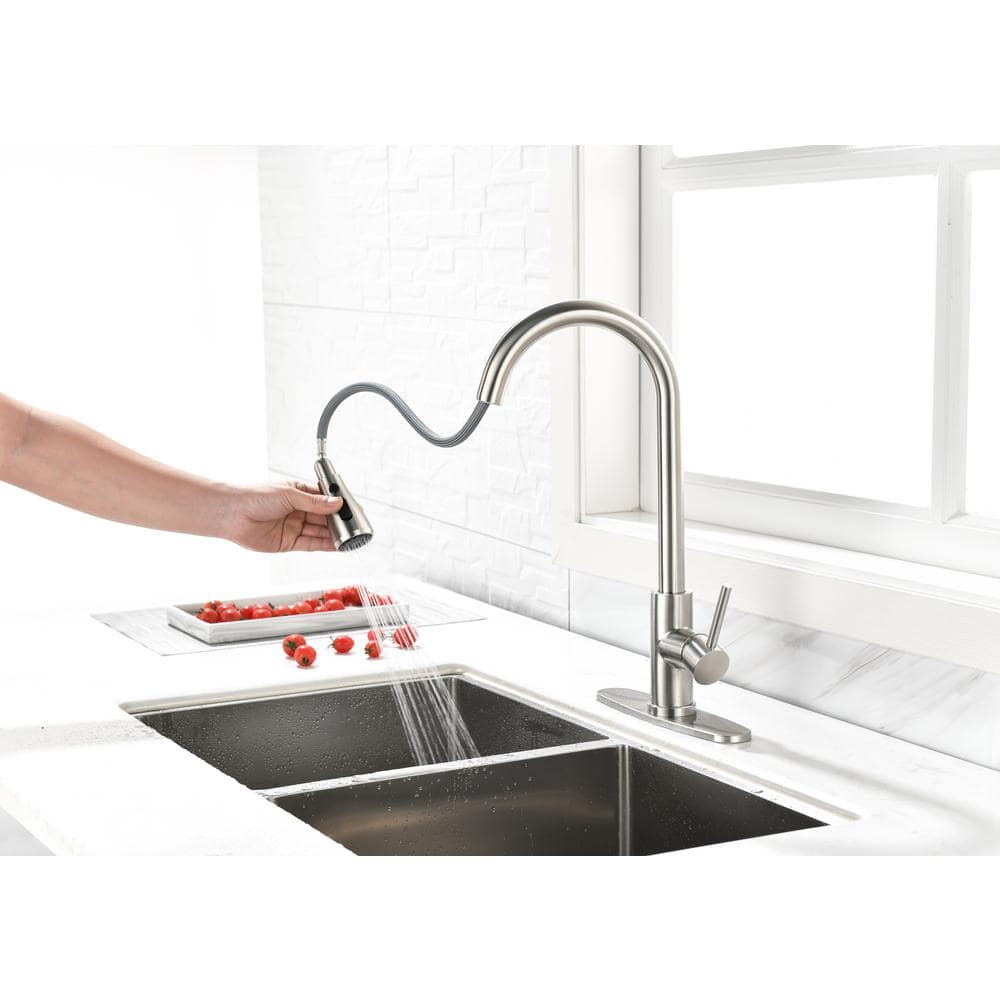 Single Handle High Arc Brushed Nickel Pull Down Sprayer Kitchen Faucet,Single Level Stainless Steel Kitchen Sink Faucets