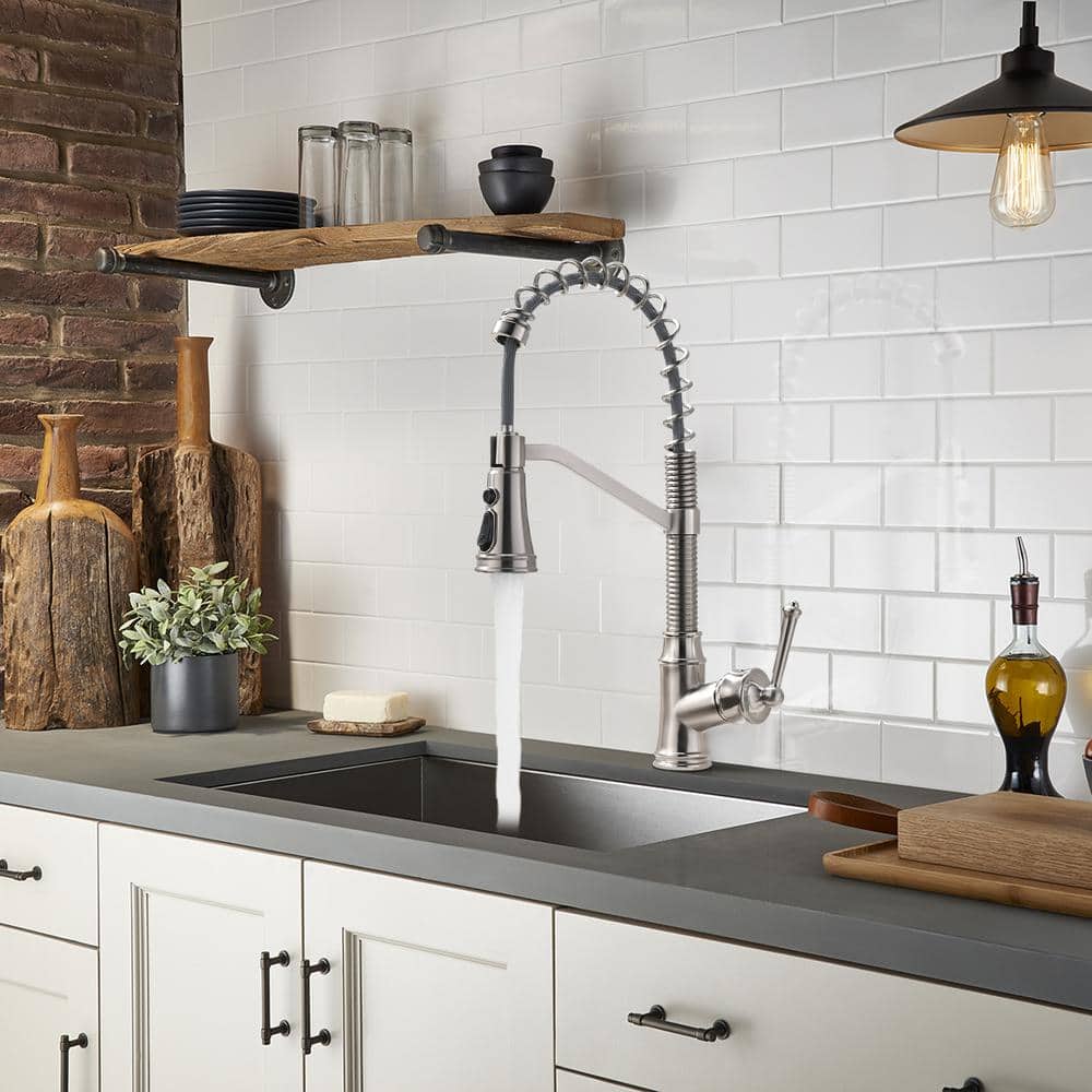 Kitchen Sink Single-Handle Pull Down Sprayer Kitchen Faucet, High Arc Faucet For Laundry Utility RV In Brushed Nickel