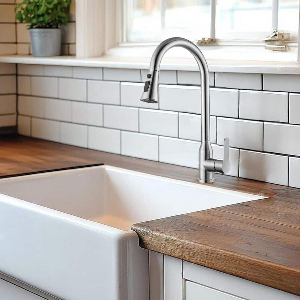 8.85 In Single Handle Stainless Steel Brushed Nickle Kitchen Faucets With 360° Spout Swivel Pull Down Sprayer