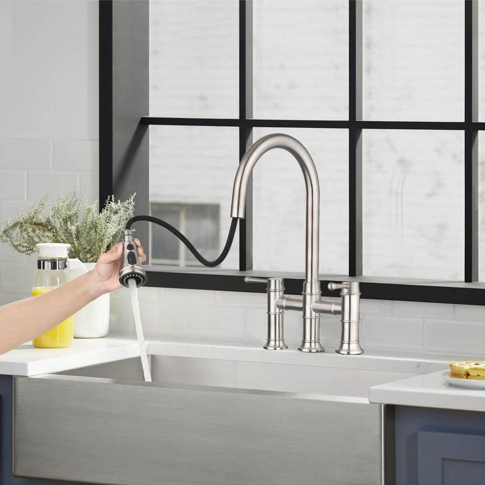 Double Handle Pull Down Sprayer Kitchen Faucet In Brushed Nickel