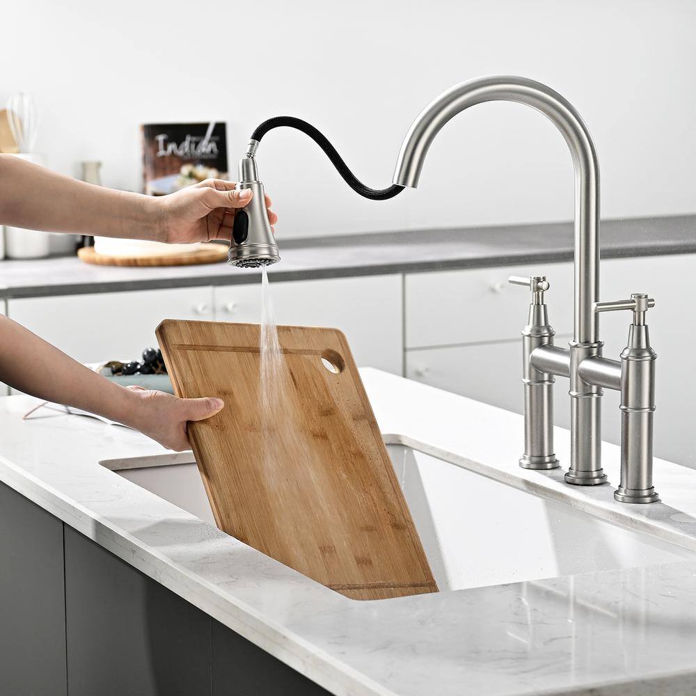 3 Hole Brushed Nickel Bridge Kitchen Faucet With Pull Down Sprayer, 2 Handle Faucet For Kitchen Sinks
