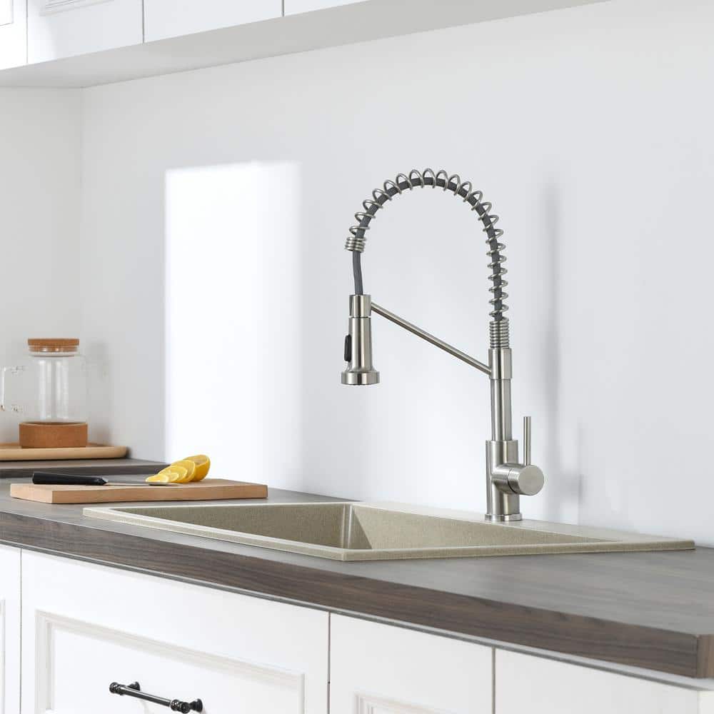 16.1 In. Single Handle Pull Down Sprayer Kitchen Faucet Single Handle 360° Spout Swivel In Brushed Nickel