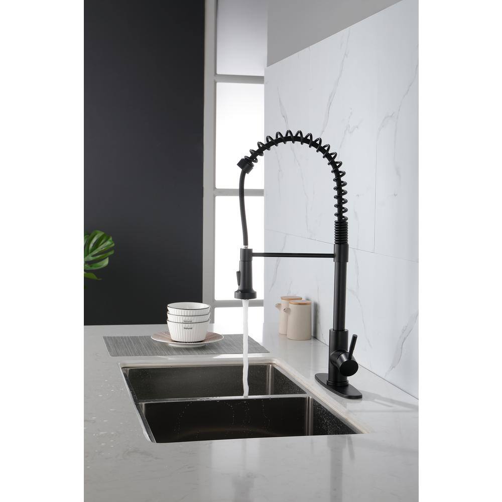 Commercial Spring Kitchen Faucets Matte Black With Pull Out Sprayer, Single Handle One Hole Kitchen Sink Faucet