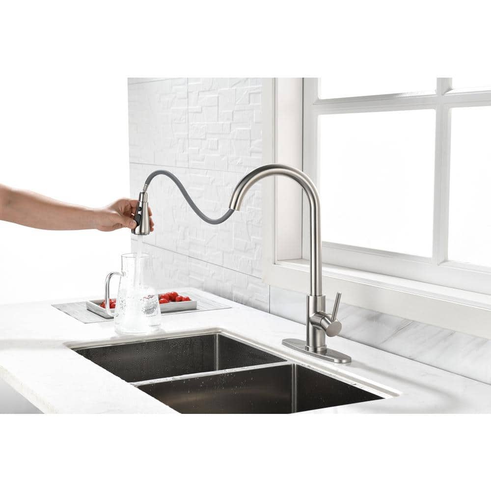 Single Handle High Arc Brushed Nickel Pull Out Kitchen Faucet, Single Level Stainless Steel With Pull Down Sprayer
