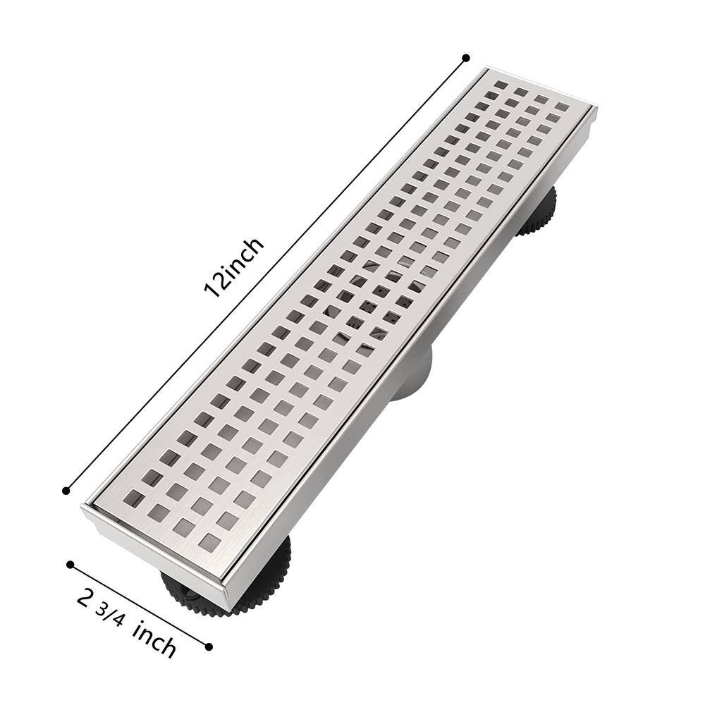 12-Inch Linear Shower Drain With Removable Quadrato Grate & Hair Strainer