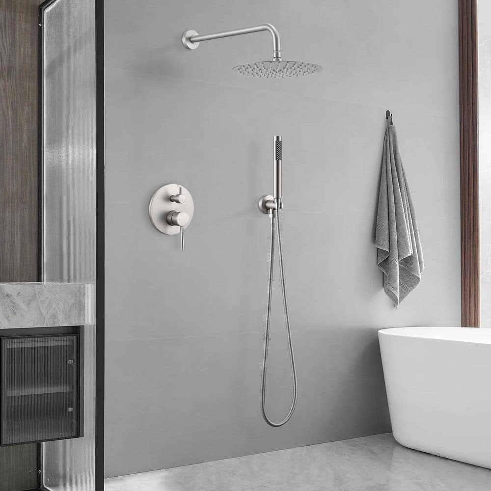 Double Handle 1-Spray Round Shower Faucet 2 GPM With 10 In. Rain Shower Head And Handheld In Brushed Nickel