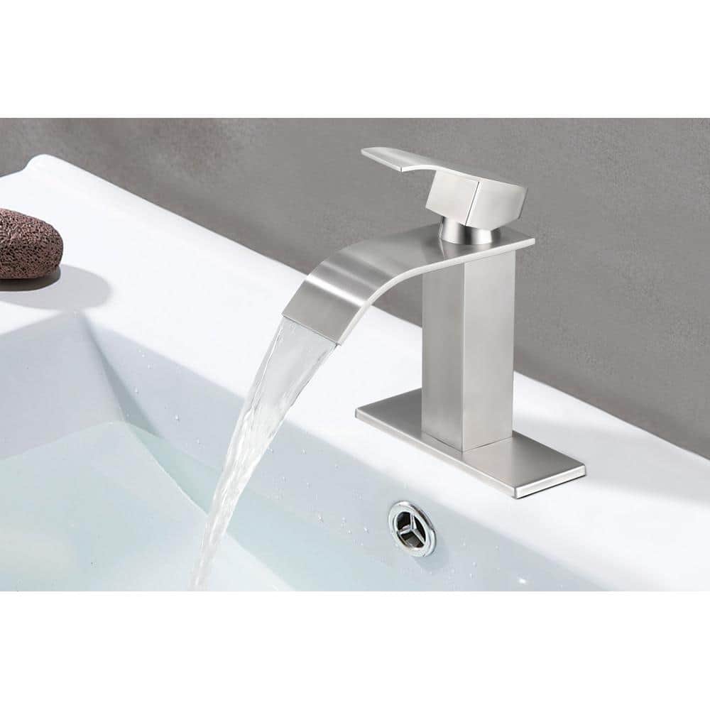 Waterfall Spout Single Handle Bathroom Sink Faucet In Brushed Nickel