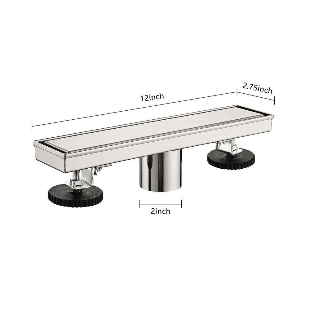 12 In. Linear Shower Drain, Included Hair Strainer And Leveling Feet In Brushed Nickel