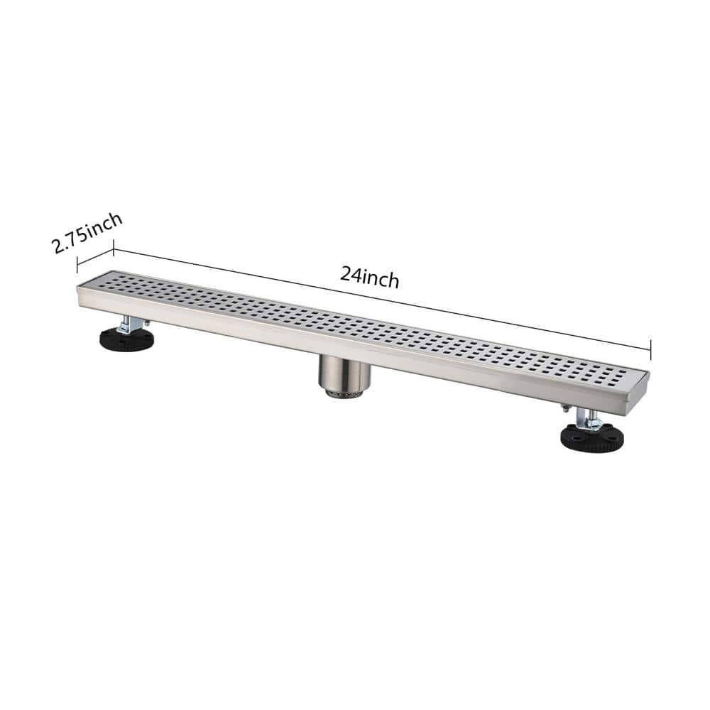 24 In. Linear Shower Drain, Included Hair Strainer And Leveling Feet In Brushed Nickel