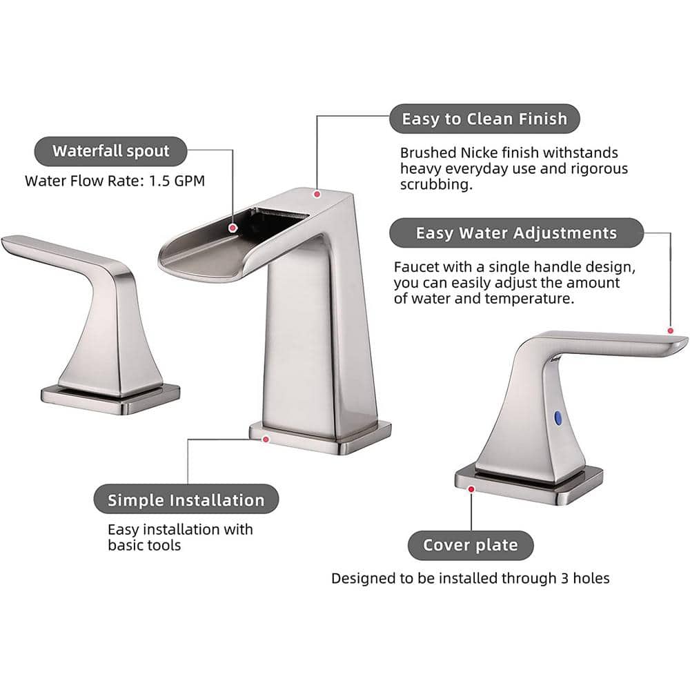 8 In. Waterfall Bathroom Sink Faucet 3 Hole With Pop-Up Drain In Brushed Nickel