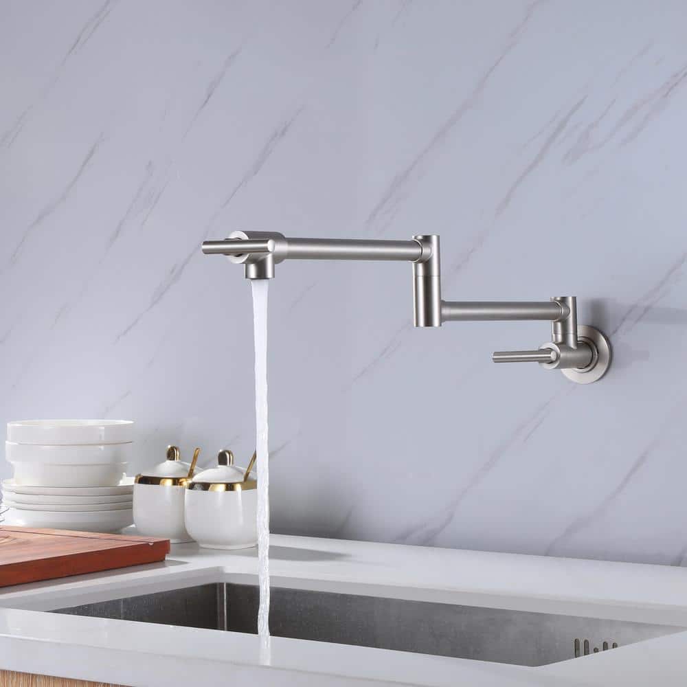 Wall Mounted Pot Filler Faucet 2 Handle With Double Joint Stretchable Folding Arm In Brushed