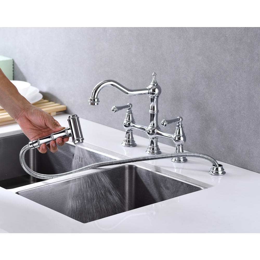 8 Inch Double Handle Bridge Kitchen Faucet With Brass Side Sprayer 2 Handles 4 Holes Deck-Mount In Brushed Chrome