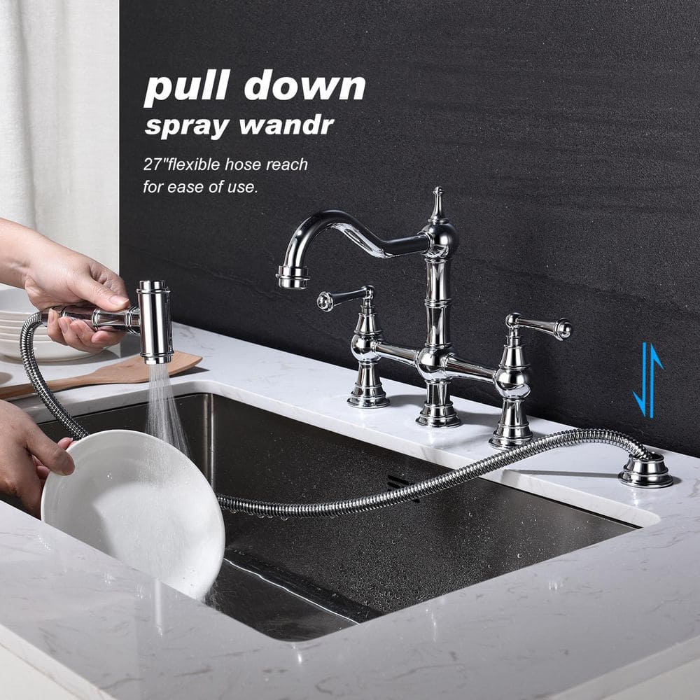 2 Handle Bridge Kitchen Faucet In Chrome