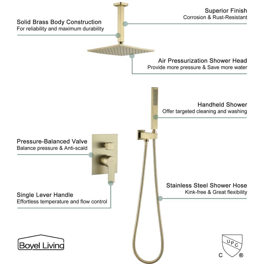 1-Spray Patterns With 2.3 GPM 10 In. Ceiling Mount Dual Shower Heads With Valve Included In Gold