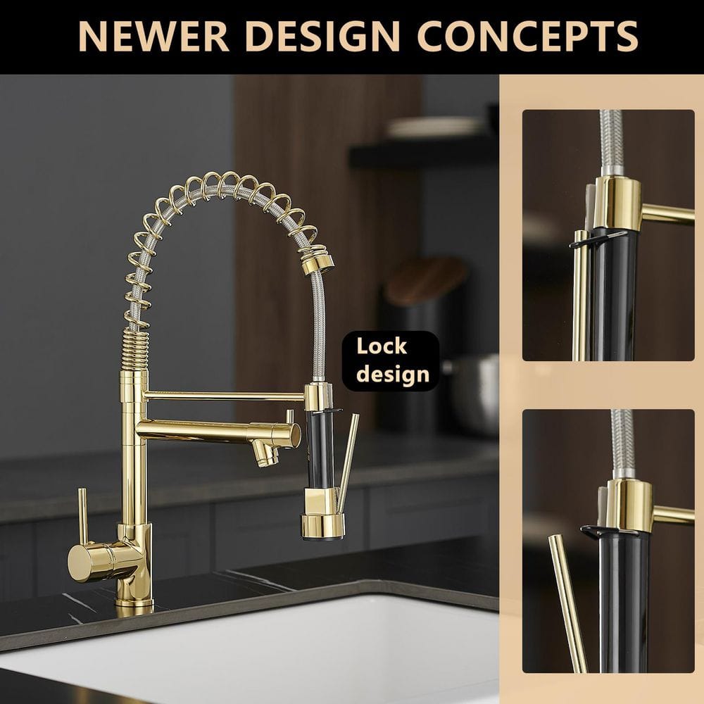 Commercial Kitchen Faucet With Pull Down Sprayer, Single Handle Single Lever Kitchen Sink Faucet Brushed Gold Faucet