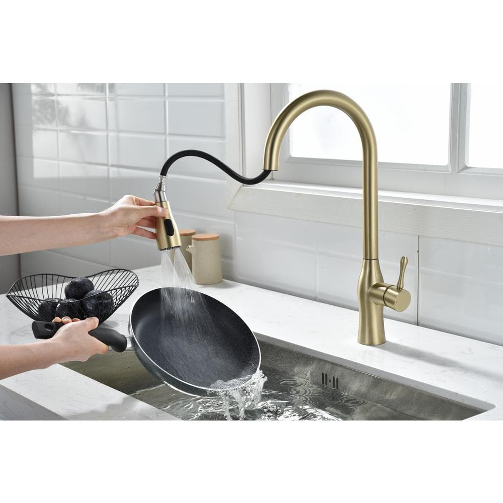 17.5-Single Handle Pull Down Sprayer Kitchen Faucet 360° Spout Swivel In Gold
