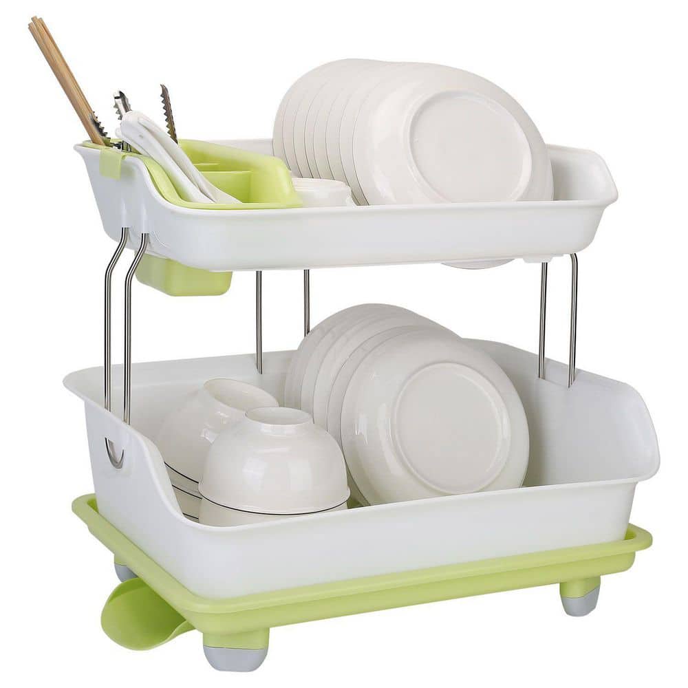 Green White PP And Stainless Steel Standing 2-Tier Dish Drying Rack
