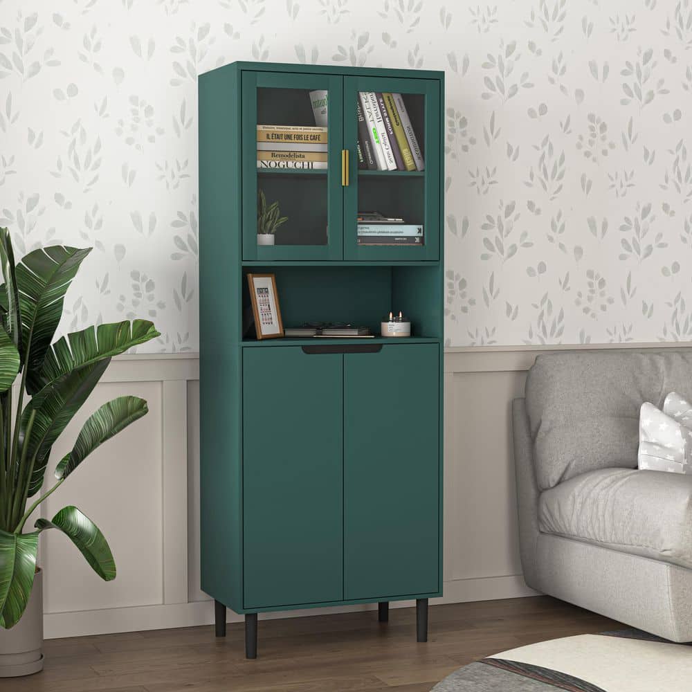 4-Door Tall Storage Bookcase: Tempered Glass, Adjustable Shelves In Green