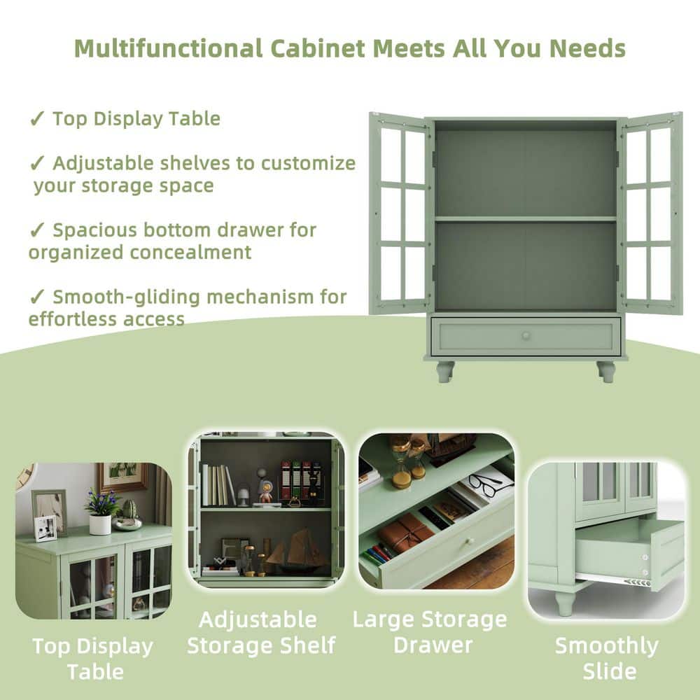 Minimalism Wooden Buffet : Double Glass Doors, Drawer In Green