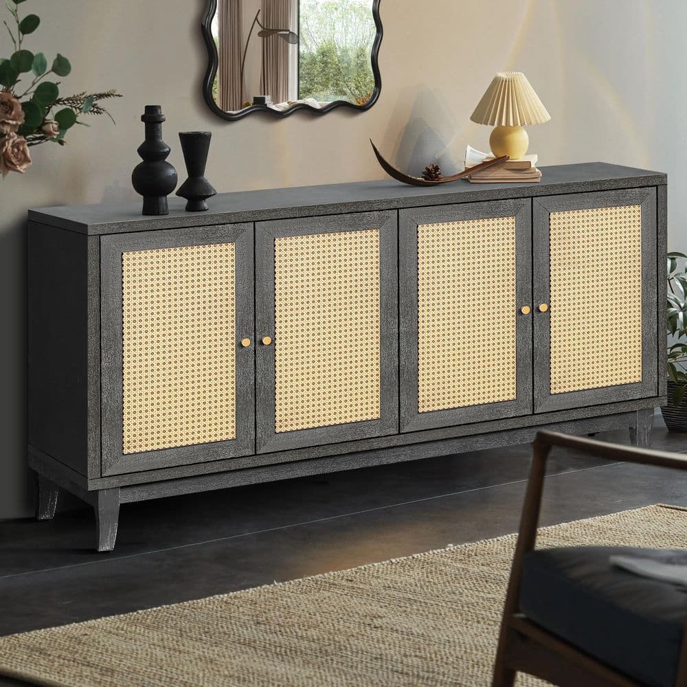 Dark Gray Rattan Sideboard Buffer Cabinet-Handcrafted With Premium Grain Panels, 4-Rattan Doors And Adjustable Shelves