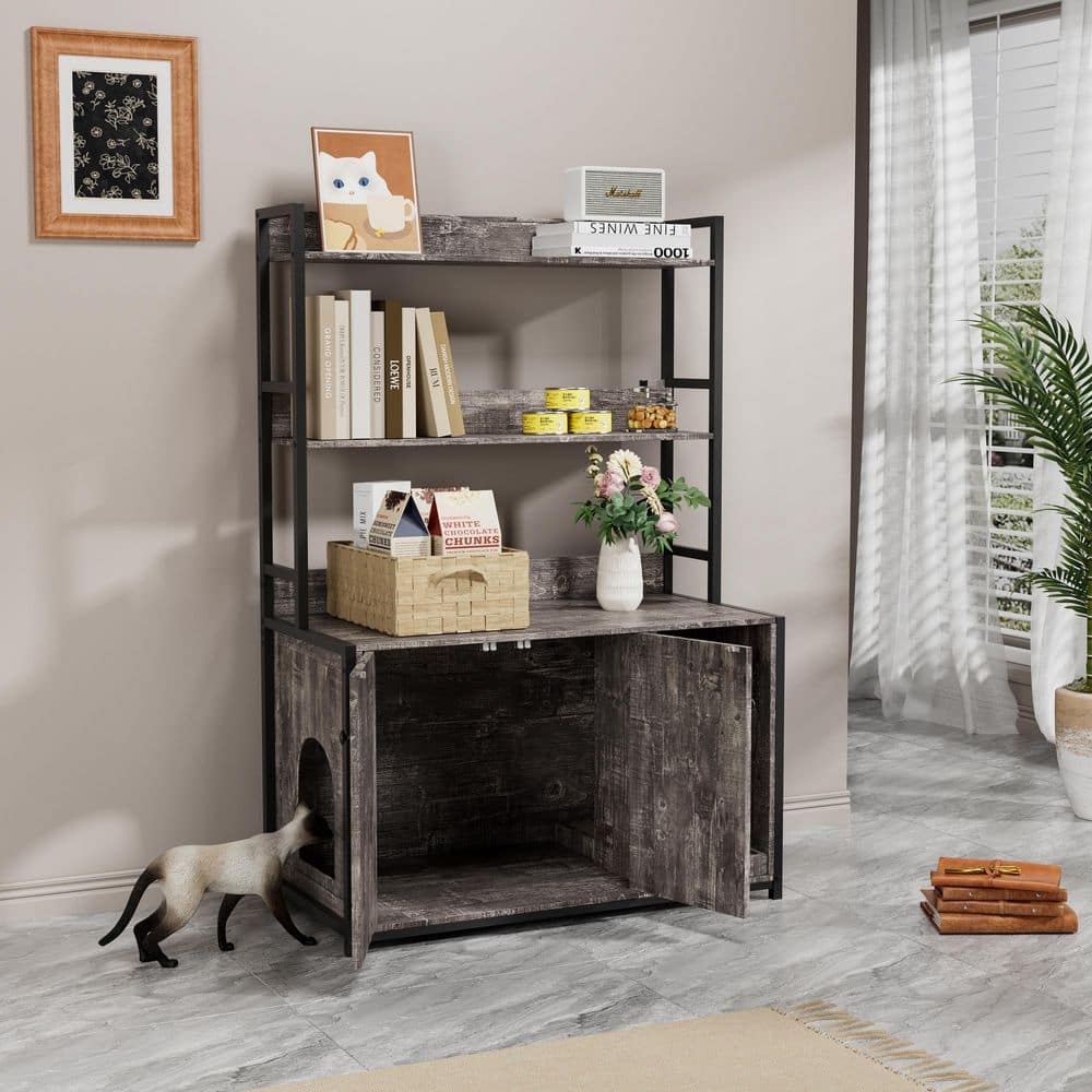 Grey Indoor Cat Cabinet ,Large Hidden Litter Box Enclosure With 2-Doors, Shelf And Scratch Pad