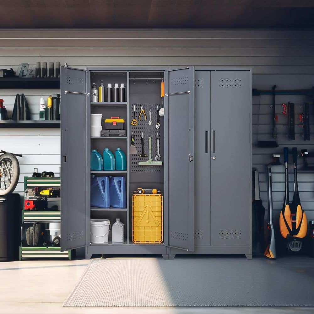 72.8 In Gray Metal Locker,Lockable Cleaning Tool Cabinet With Adjustable Shelves