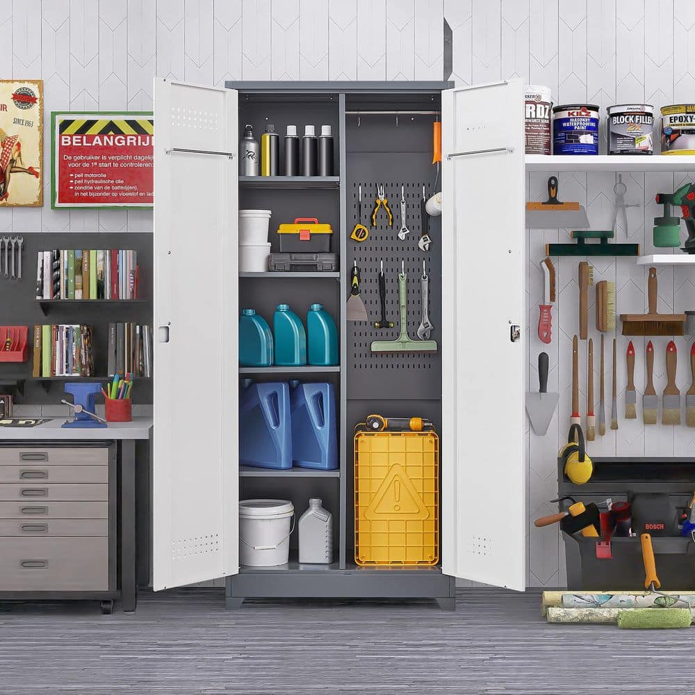 72in.H Metal Lockers With Lockable Cleaning Tool Cabinets With Adjustable Shelves In Gray
