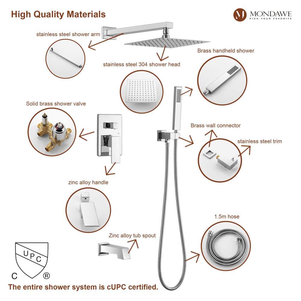 Chrome Three Function Pressure Balance Shower Set With 10 In Shower Head (Valve Included)