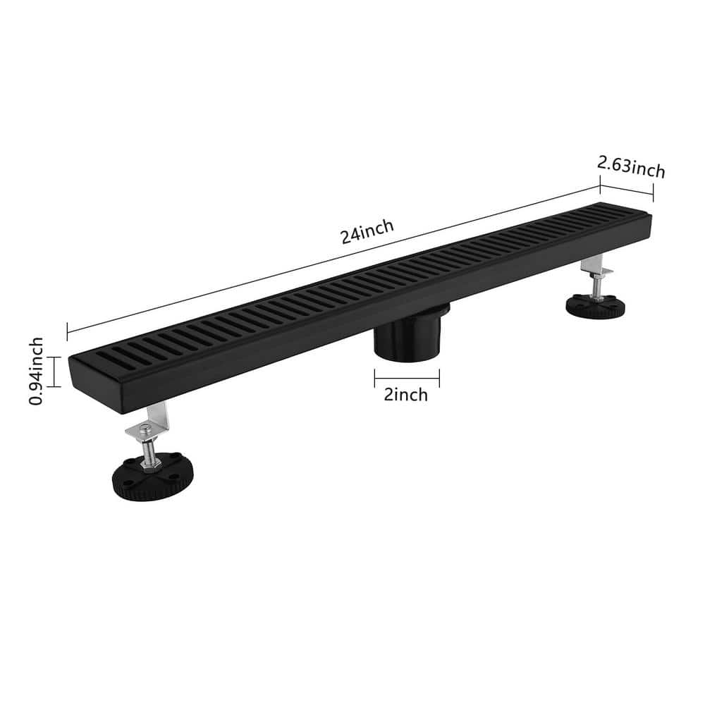 24 In. Linear Shower Drain, Included Hair Strainer And Leveling Feet In Matt Black