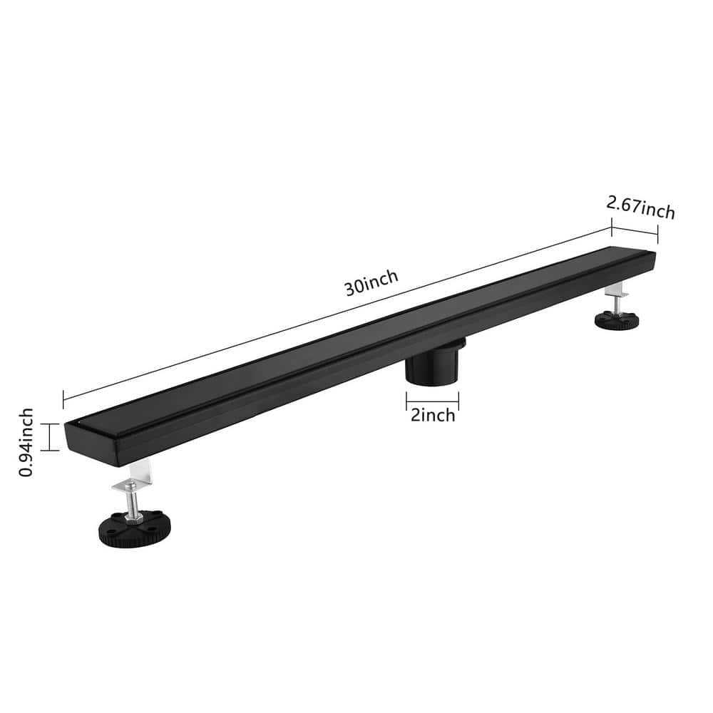 30 In. Linear Shower Drain, Included Hair Strainer And Leveling Feet In Matt Black