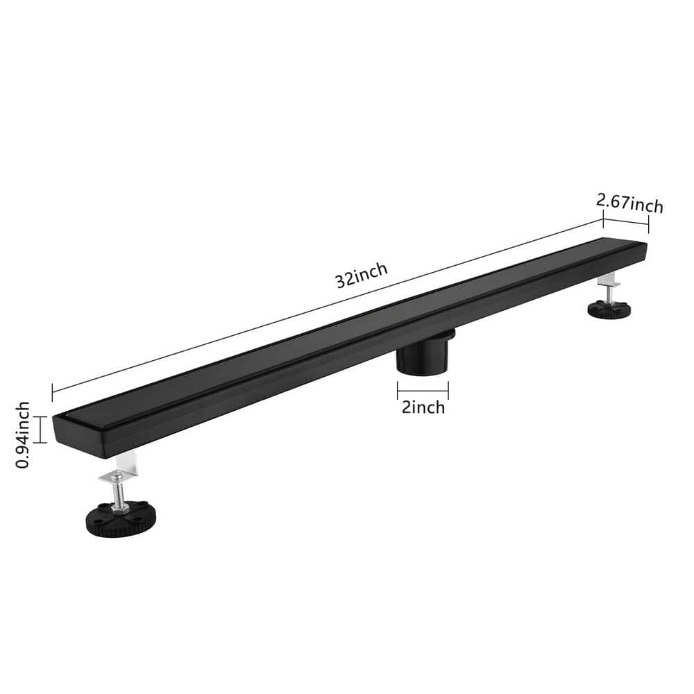 32 In. Linear Shower Drain, Included Hair Strainer And Leveling Feet In Matt Black