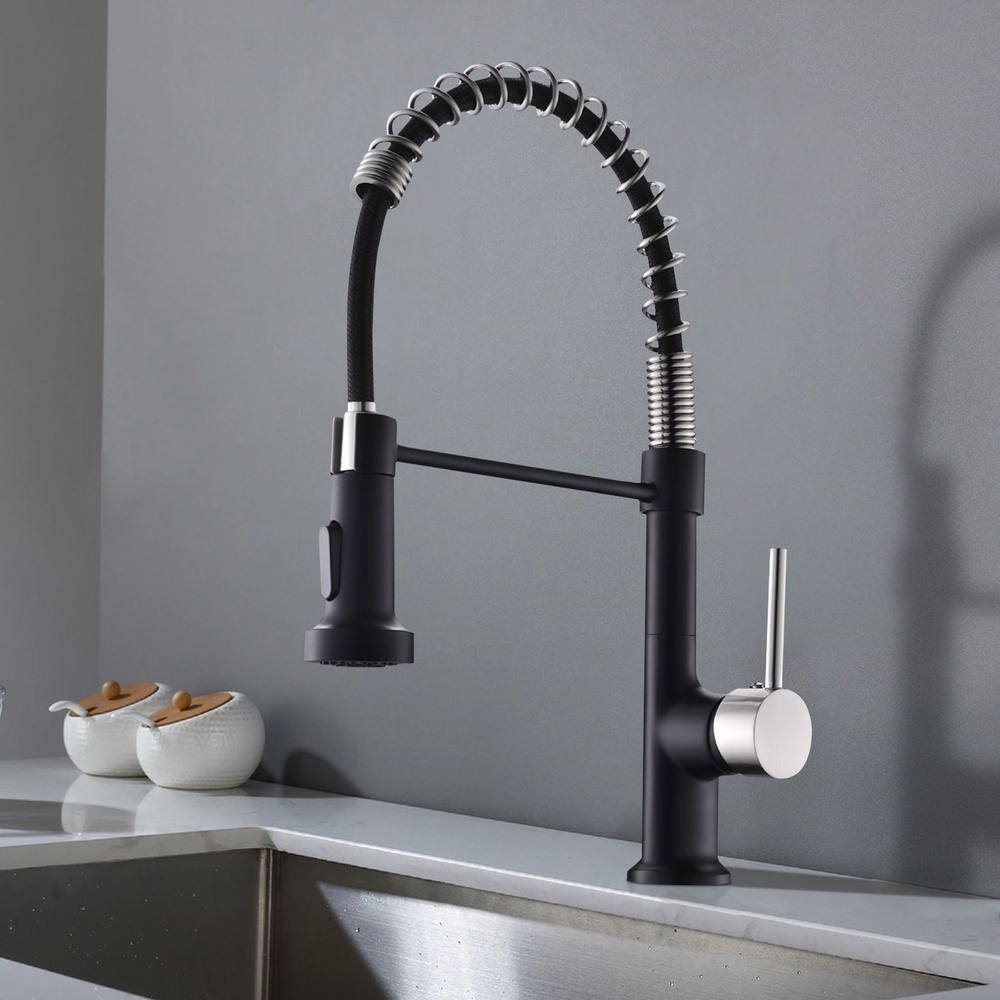 Single Handle Deck Mount Pull Down Sprayer Kitchen Faucet In Matte Black And Brushed Nickel