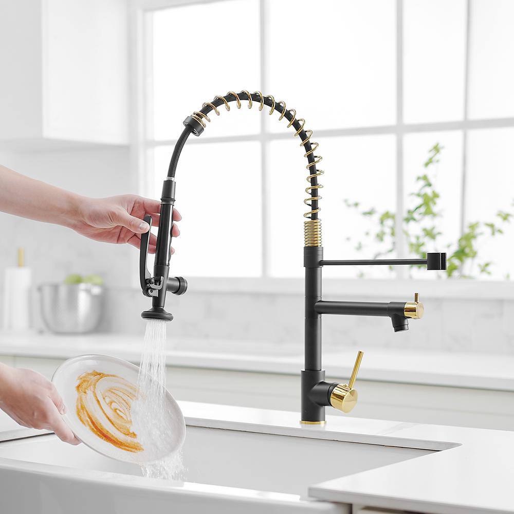 The Single-Handle Pull Down Sprayer Kitchen Faucet With 2 Spout?with Lock, In Matte Black And Gold